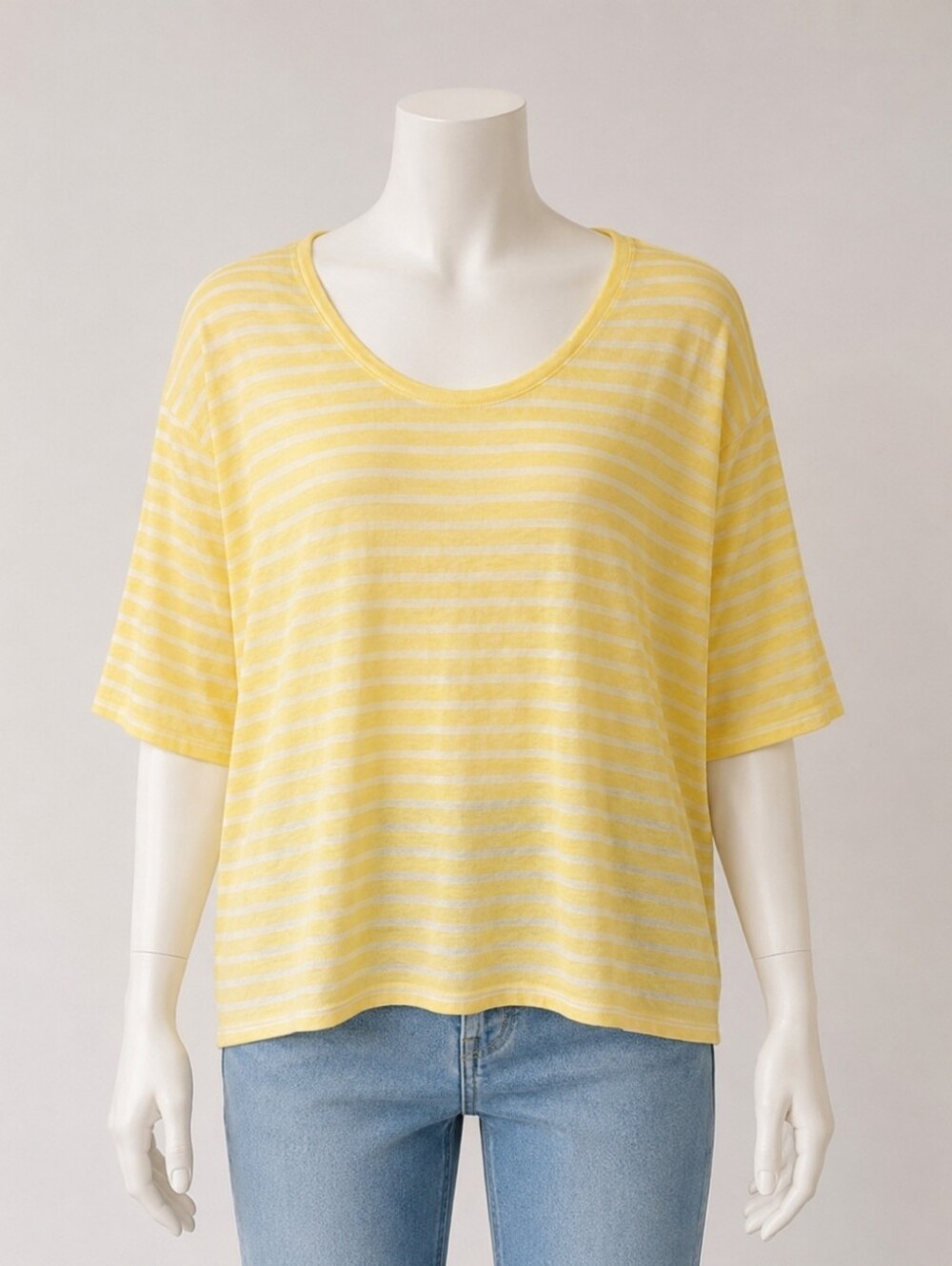 Zara Yellow White Striped Knit Linen Blend T-Shirt Top Large
